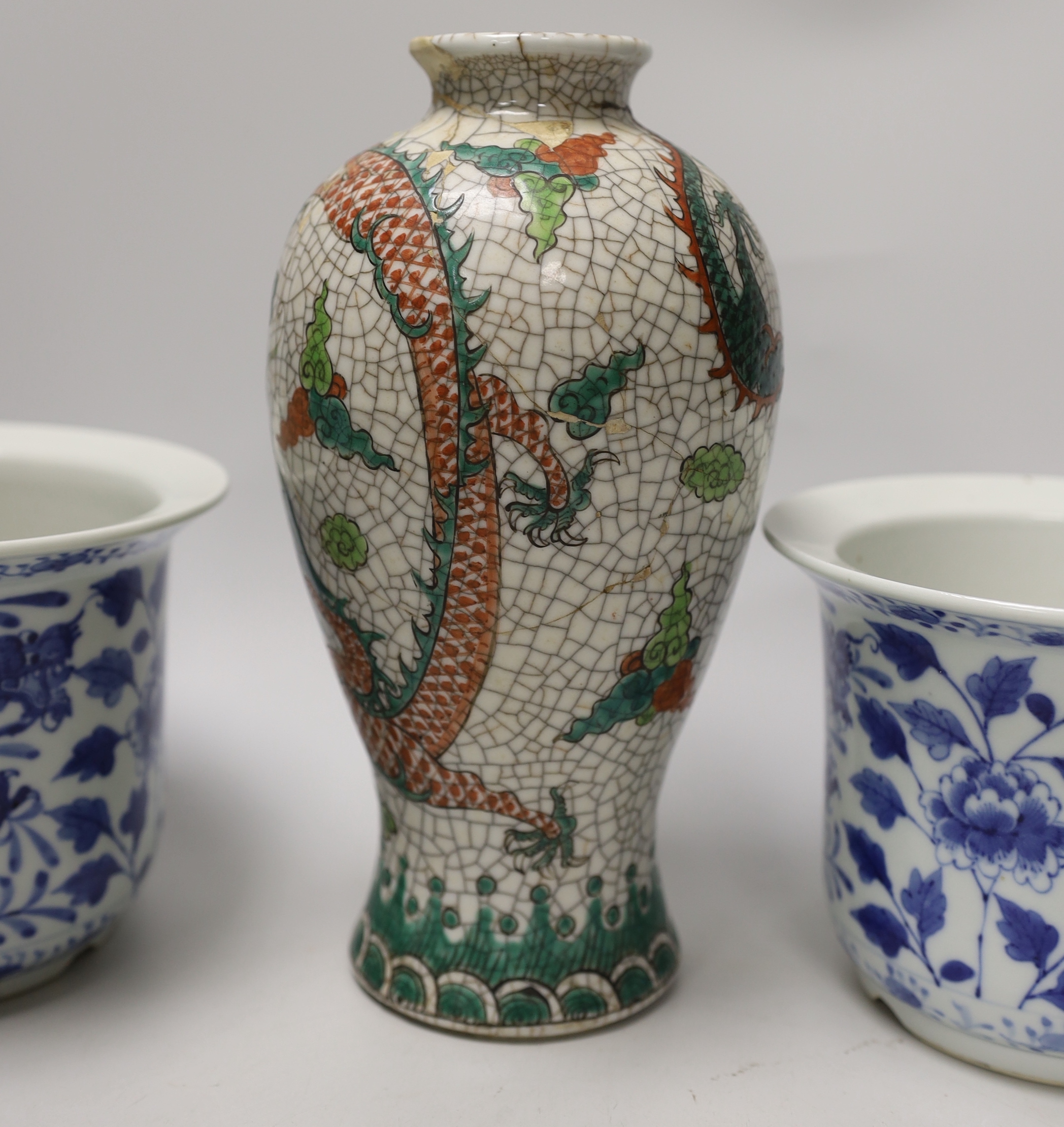 Two Chinese bowls, two blue and white dragon planters and a crackleware vase, tallest 22.5cm